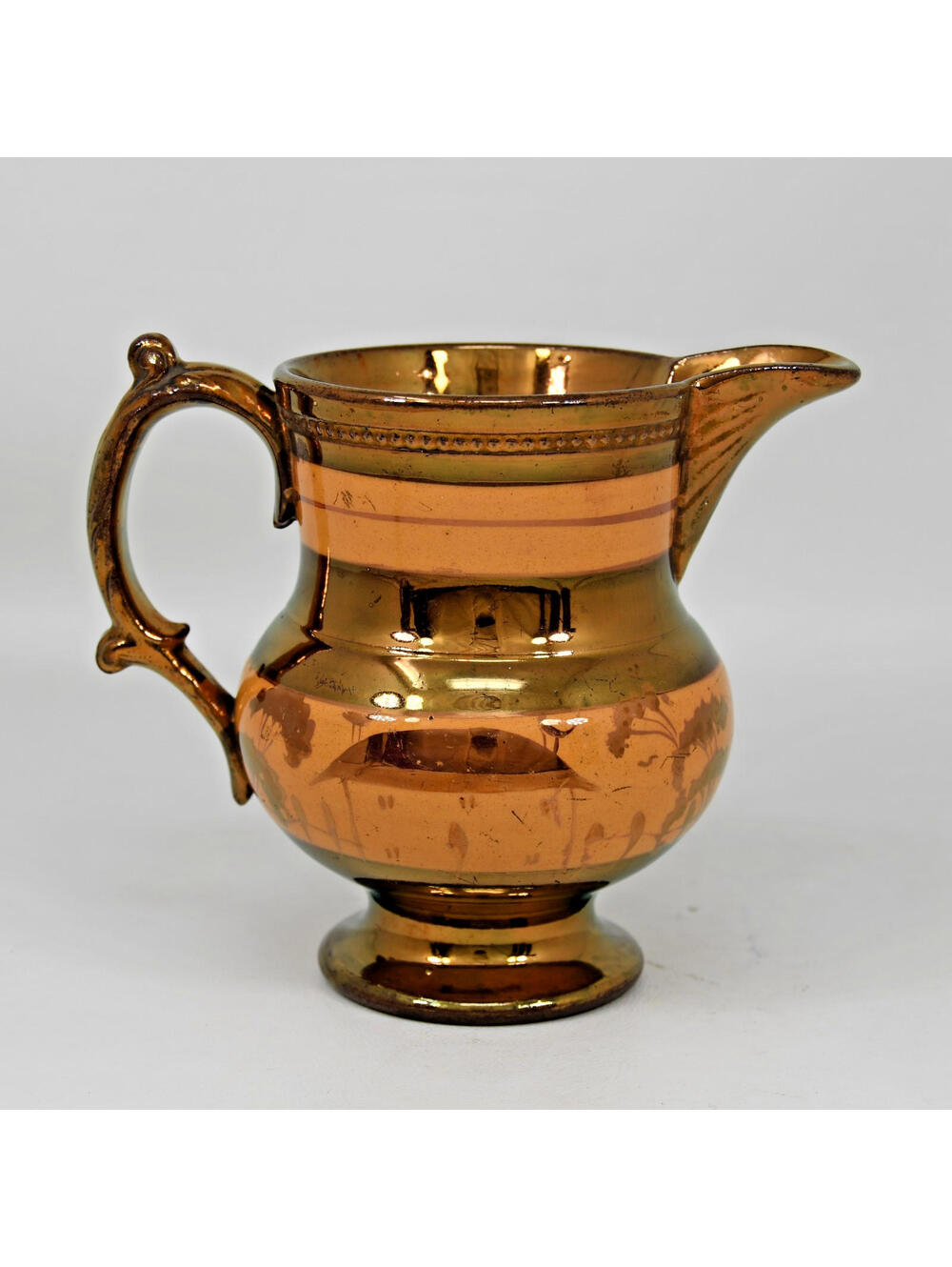 English Copper Yellow Luster Ware 4.5” Pitcher Creamer HP Village c 1850 Antique
